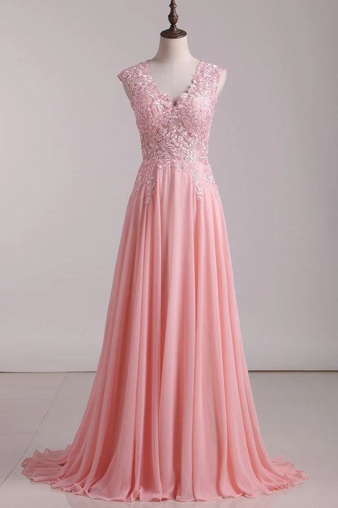 Luolandi A Line V Neck Party Dresses Chiffon With Applique Sweep Train Floor Length Evening Dress